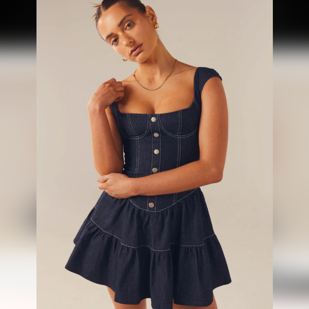 Peppermayo Dark Denim Mini Dress with Tiered Skirt